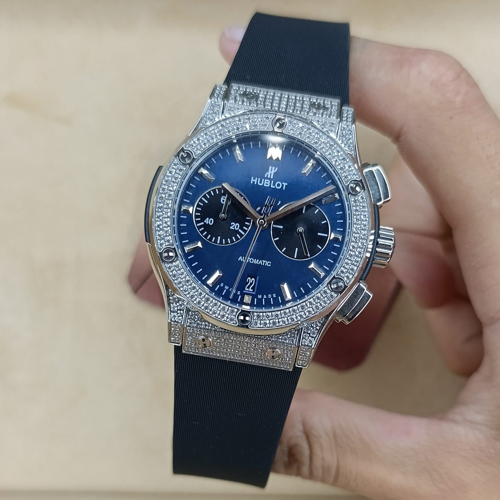 Hublot Classic Fusion Full Diamond Paved Bezel & Case with Blue Dial